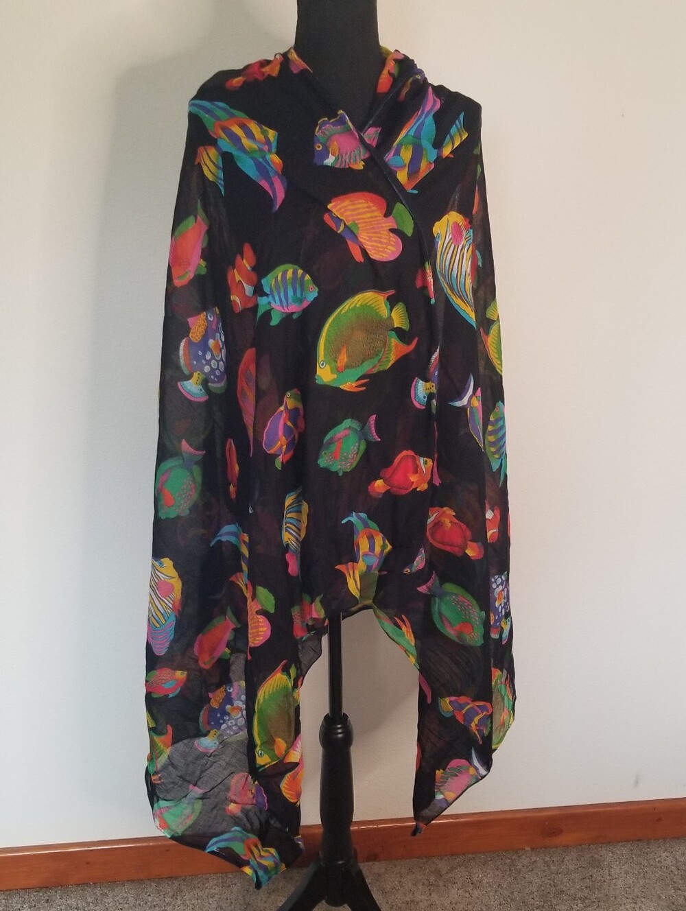 Tropical Fish Rectangle  Scarf Black Background Colorful